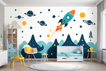 Space theme. Creative and bright eco design of a children's room. Bright fantasy wallpaper on the wall of baby room.