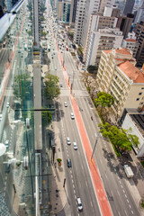 Aerial view of Paulista avenue, observation deck with a glass floor, 150 meters high, reaching the center of Sao Paulo
