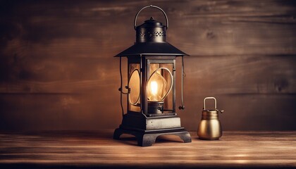 vintage lantern on a wooden table, a vintage lamp shines with a bright light in the dark, a banner...