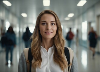 portrait of young female elementary school teacher in school hallway, students blurred in background 

