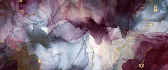 Blue, burgundy and violet liquid alcohol ink abstraction on transparent background. Gold elements. png file 
