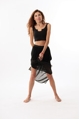 studio photo session of a woman of size 34 on a white background