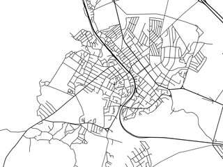 Vector road map of the city of Tovuz in Azerbaijan with black roads on a white background.