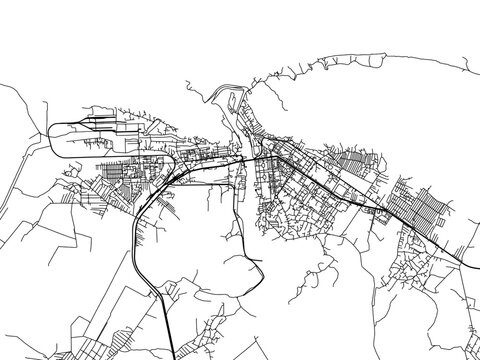 Vector road map of the city of Mingelchaur in Azerbaijan with black roads on a white background.