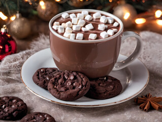 Hot chocolate with marshmallows and chocolate cookies on Christmas