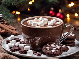 Hot chocolate with marshmallows and chocolate cookies on Christmas