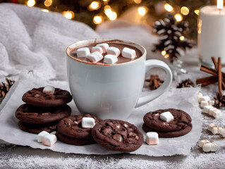 Hot chocolate with marshmallows and chocolate cookies on Christmas