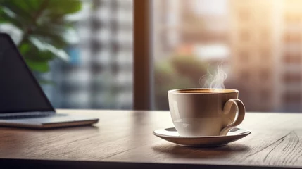 Sierkussen Contemporary workplace, office desk for coffee break, business break, coffee, tea break. hot drink © Zahid