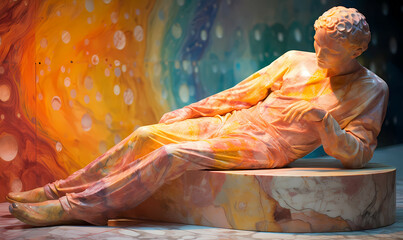 A Statue Of A Woman Lying On A Marble Platform, a colorful rainbow Hellenic marble sculpture.