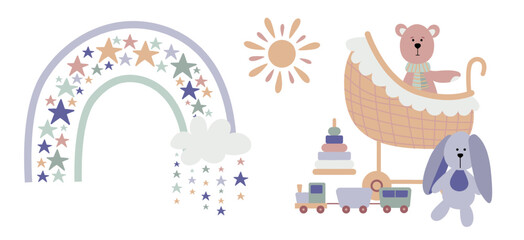 Boho baby rainbow clipart. Boho color rainbow, animals and baby elements for your kids project.