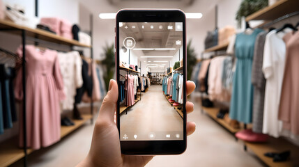 Young woman live streaming on phone show new collection fashion clothes to customer in shop. SME small business e-commerce concept. Banner - obrazy, fototapety, plakaty