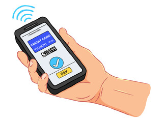 Illustration of a hand holding a smartphone to make an electronic payment with Contactless payment system on a white background. Buyer hand using payment application