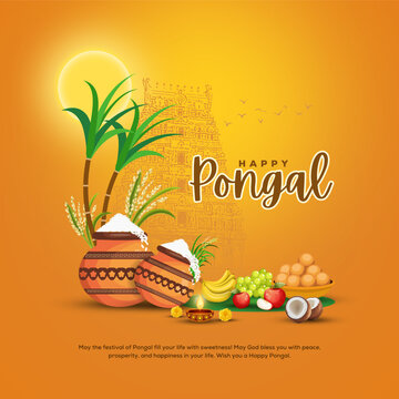 Vector illustration of Happy Pongal Holiday Harvest Festival of Tamil Nadu South India greeting background