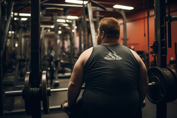 overweight obese plus sized man in the gym working hard trying to lose weight - obrazy, fototapety, plakaty