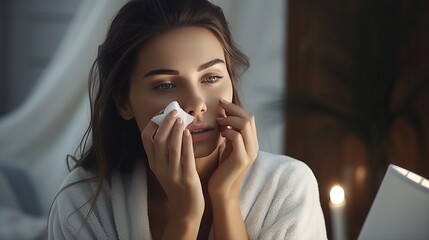 Young girl in a white robe wipes her face with a cotton sponge with lotion or tonic. Concept of daily beauty routine, skin care - obrazy, fototapety, plakaty