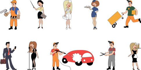 Professions. Collection of professions. Cartoon. Builder, teacher, doctor, flight attendant, courier, businessman, singer, car service worker, gardener, waiter. Illustrations on a transparent backgrou