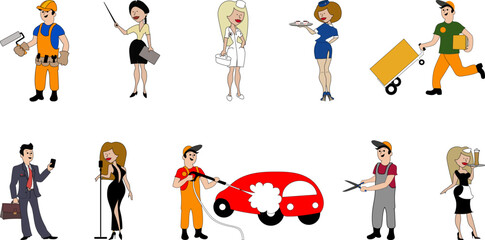 Professions. Collection of professions. Cartoon. Builder, teacher, doctor, flight attendant, courier, businessman, singer, car service worker, gardener, waiter. Illustrations on a transparent backgrou