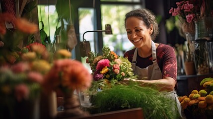 Woman Florist in her small flower shop enjoying bouquets of flowers and work