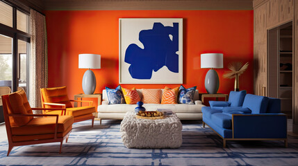 Interior of a bright orange living room in the style of the 60s of the 20th century - obrazy, fototapety, plakaty