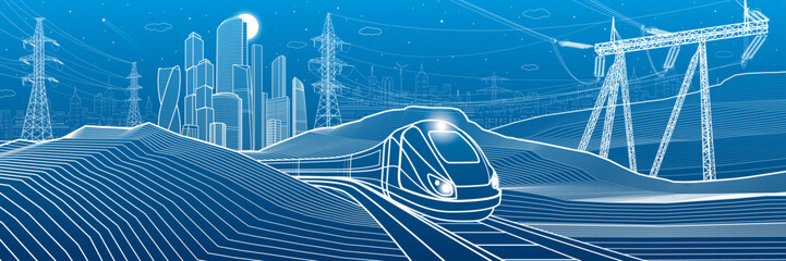 Modern night town. Train rides. Power lines. City Infrastructure and transport illustration. Urban scene. Vector design art. White outlines on blue background - 689080766