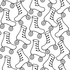 Roller Skates. Sketch. Seamless vector pattern. Sports shoes with a pair of wheels. Doodle style. Repeating shoe pattern. Outline on isolated background. Idea for web design.