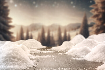 Wooden desk of free space for your decoration. Winter landscape of mountains. Board cover of snow...