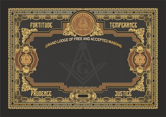 Horizontal blank for creating a certificate, diploma, securities or other documents. Classic design with Masonic symbols in gold tones on a black background. In A4 format. - obrazy, fototapety, plakaty