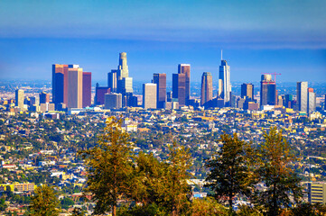 Los Angeles skyline photographed from Griffith Park. - obrazy, fototapety, plakaty