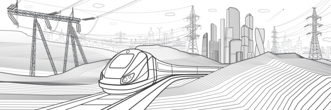 Modern town. Train rides. Power lines. City Infrastructure and transport illustration. Urban scene. Vector design art. Gray outlines on white background