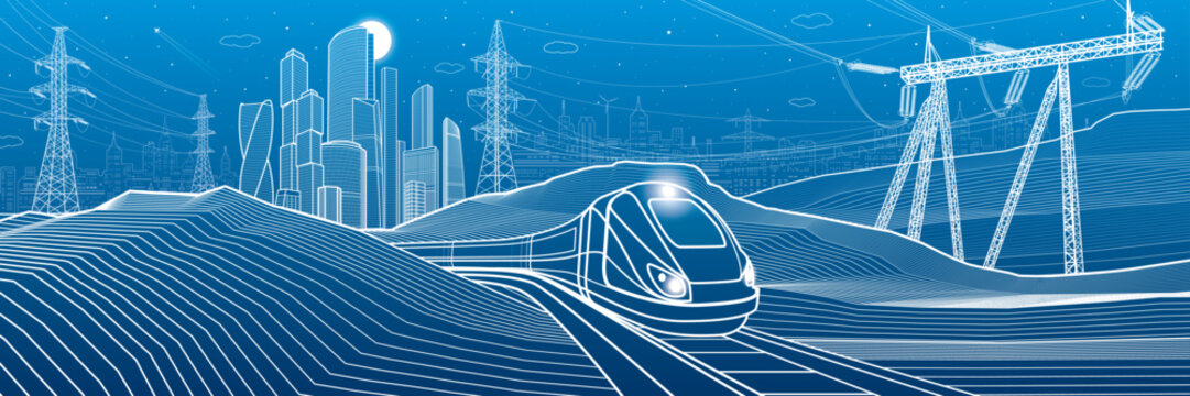 Modern night town. Train rides. Power lines. City Infrastructure and transport illustration. Urban scene. Vector design art. White outlines on blue background