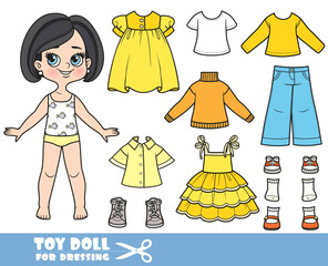 Cartoon brunette girl with bob haircut and clothes separately -   long sleeve,  sweater, shirt, summer dresses, jeans and sneakers