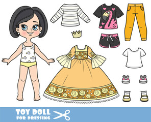 Cartoon brunette girl with bob haircut and clothes separately -  elegant ball dress for princess and crown, shirts, jeans, sneakers and sandals