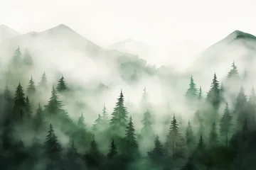Fotobehang abstract watercolour forest painting with misty fog in the mountains © Layerform