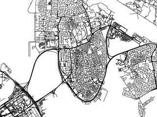 Vector road map of the city of Al Muharraq in Bahrain with black roads on a white background.
