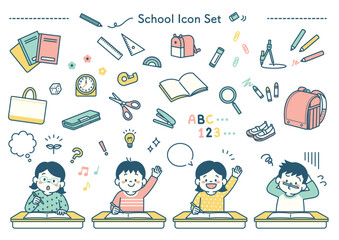 小学校で勉強する子供達のイラストと文房具のアイコンセット　シンプル