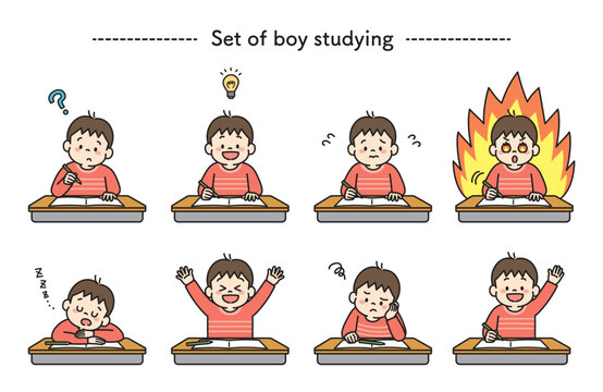 机に向かって勉強する男の子のイラストセット