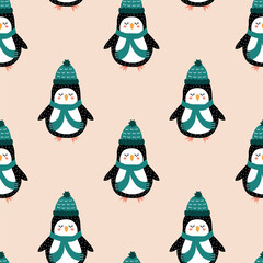 Adorable penguins in green hat and scarf hand drawn vector illustration. Cute Christmas birds in flat style seamless pattern for kids fabric or wallpaper.