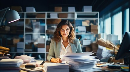 A smiling businesswoman multitasking at her desk, surrounded by paperwork and contemporary office decor - obrazy, fototapety, plakaty
