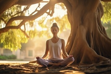 A woman battling cancer, adorned in workout attire, finds serenity as she practices yoga beneath the shelter of a large tree, surrounded by fresh air, peace, and a joyful smile. 