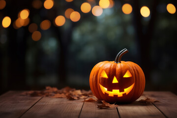Fototapeta premium Halloween Pumpkin with Glowing Eyes, Forest Sunset Halloween Scene