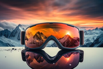 Ski goggles with reflection of mountains. Winter ski theme