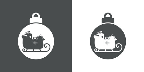 Tiempo de Navidad. Logo con silueta de bola de navidad con trineo de Santa Claus con cajas de regalo con lazo de cinta para su uso en tarjetas y felicitaciones