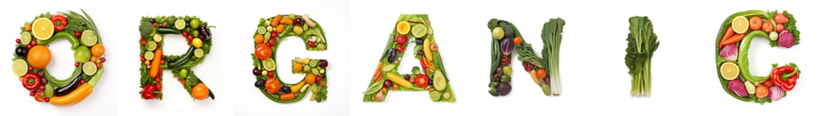 On a white isolated background from the fruit and vegetable alphabet the inscription - organic