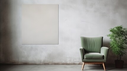 Part of the interior in a minimalist style against the background of a dark gray concrete wall. Armchair, house plant and a big art in modern home decoration. Photo with copy space.