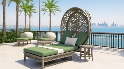 Fototapeta premium Luxury house on the island. Minimalist open air bedroom of a Mediterranean-style house with access to the sea.