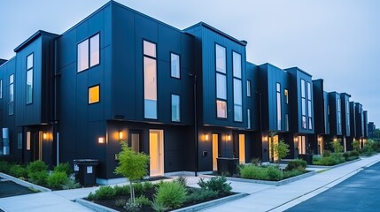 Appearance of residential architecture. Modern modular private townhouses. Residential minimalist architecture exterior. Very modern neighborhood, early morning shot.