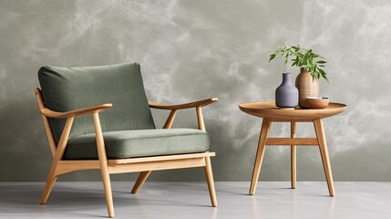 Minimalist composition of Scandinavian living room with design. Gray armchair and wooden coffee table and copy space in retro home decoration.