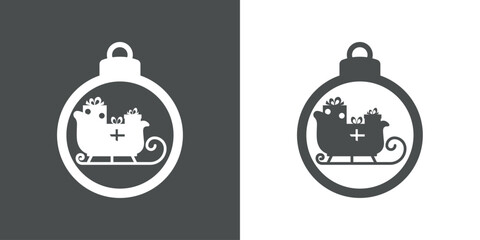 Tiempo de Navidad. Logo con silueta de bola de navidad con trineo de Santa Claus con cajas de regalo con lazo de cinta para su uso en tarjetas y felicitaciones