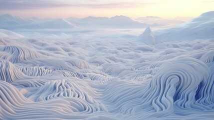 Surreal Snowy Landscape with Flowing Patterns. A digital artwork depicting a serene and surreal landscape with flowing snow patterns and a soft, pastel sky.