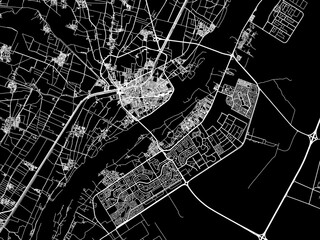 Vector road map of the city of Bani Suwayf in Egypt with white roads on a black background.